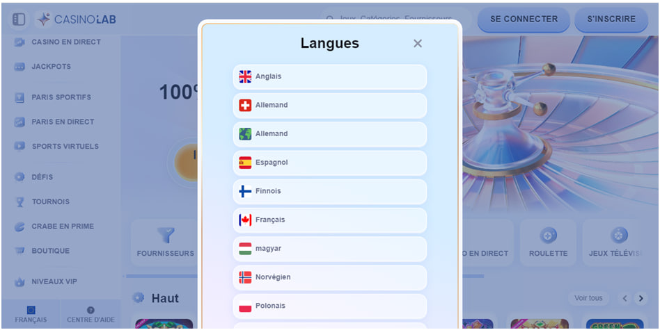 15 langues différentes CasinoLab 