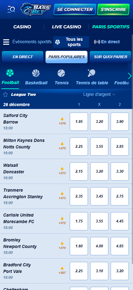 BassBet Bookmaker Sport Betting (Mobile screen), parisportif.tv