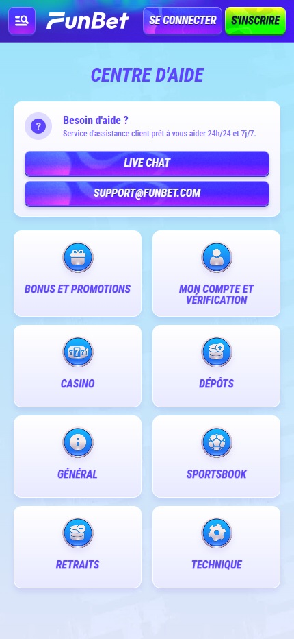 Funbet Help centre France (Mobile screen), parisportif.tv