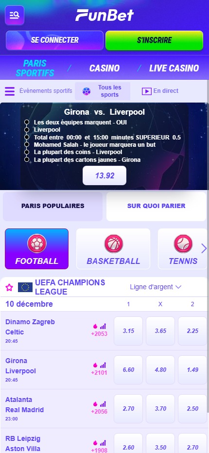 Funbet Sport Betting (Mobile screen), parisportif.tv